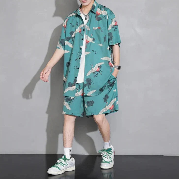 Men's Crane Print Shirt & Shorts Short Sleeve Shirt-Kawaii Dream