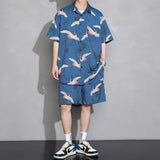 Men's Crane Print Shirt & Shorts Short Sleeve Shirt-Kawaii Dream