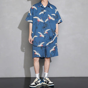 Men's Crane Print Shirt & Shorts Short Sleeve Shirt-Kawaii Dream
