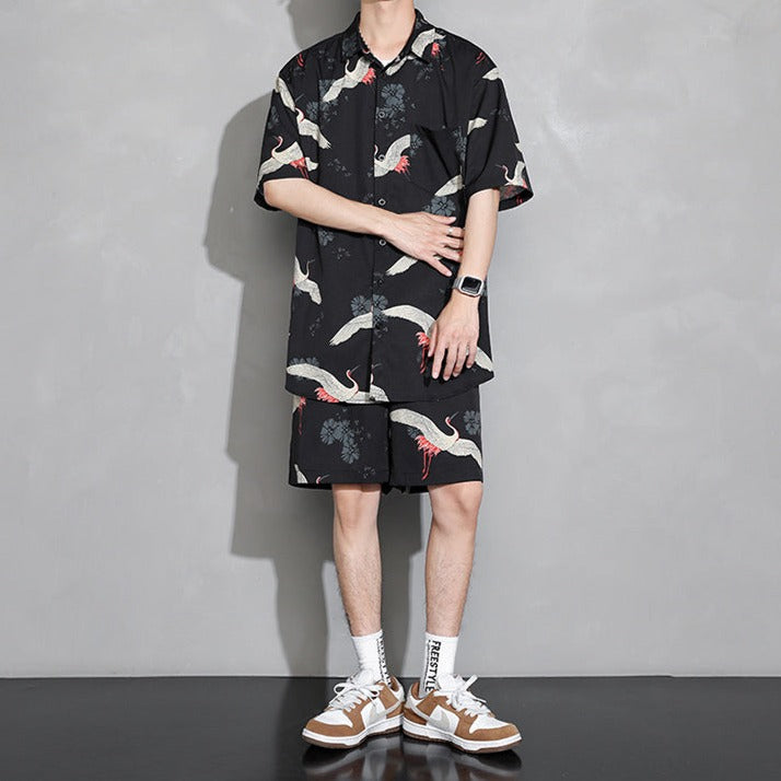 Men's Crane Print Shirt & Shorts Short Sleeve Shirt-Kawaii Dream
