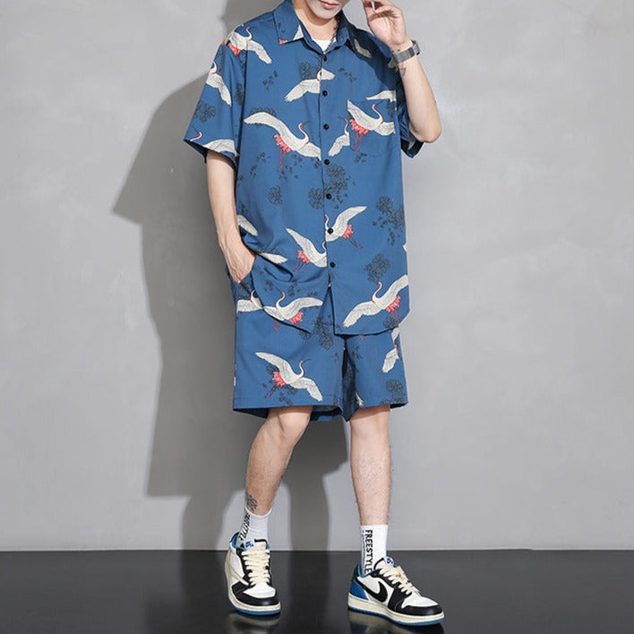 Men's Crane Print Shirt & Shorts Short Sleeve Shirt-Kawaii Dream
