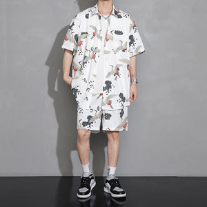 Men's Crane Print Shirt & Shorts Short Sleeve Shirt-Kawaii Dream