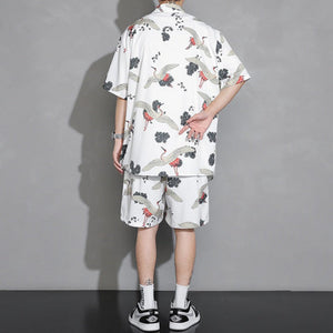 Men's Crane Print Shirt & Shorts Short Sleeve Shirt-Kawaii Dream