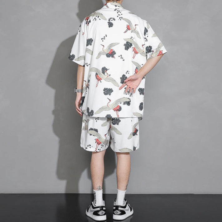 Men's Crane Print Shirt & Shorts Short Sleeve Shirt-Kawaii Dream