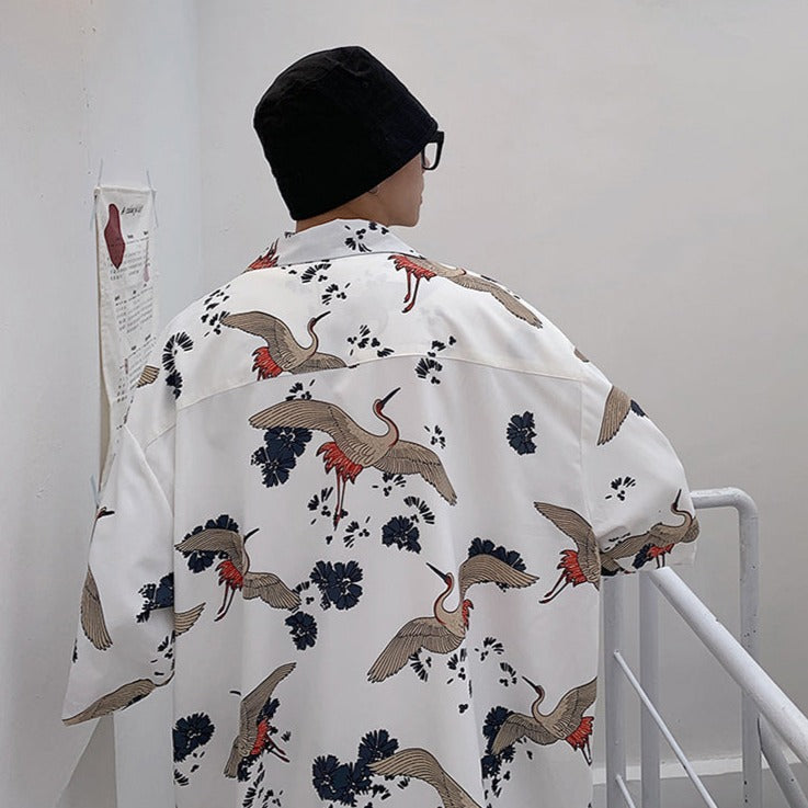 Men's Crane Print Shirt & Shorts Short Sleeve Shirt-Kawaii Dream