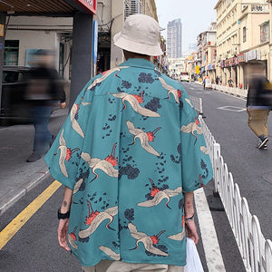 Men's Crane Print Shirt & Shorts Short Sleeve Shirt-Kawaii Dream
