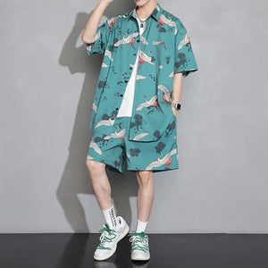 Men's Crane Print Shirt & Shorts Short Sleeve Shirt-Kawaii Dream