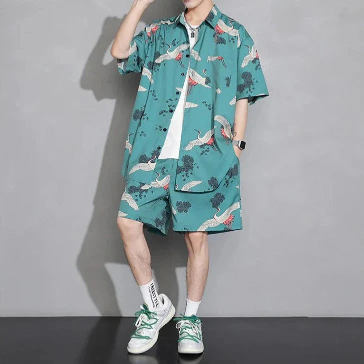 Men's Crane Print Shirt & Shorts Short Sleeve Shirt-Kawaii Dream