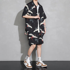 Men's Crane Print Shirt & Shorts Short Sleeve Shirt-Kawaii Dream