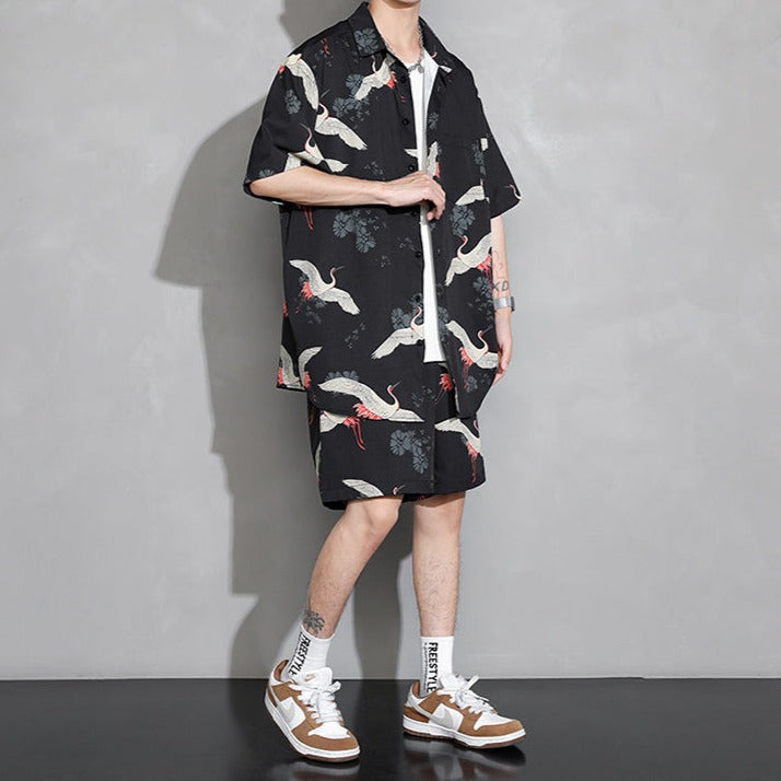 Men's Crane Print Shirt & Shorts Short Sleeve Shirt-Kawaii Dream
