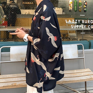 Men's Crane Print Shirt & Shorts Short Sleeve Shirt-Kawaii Dream
