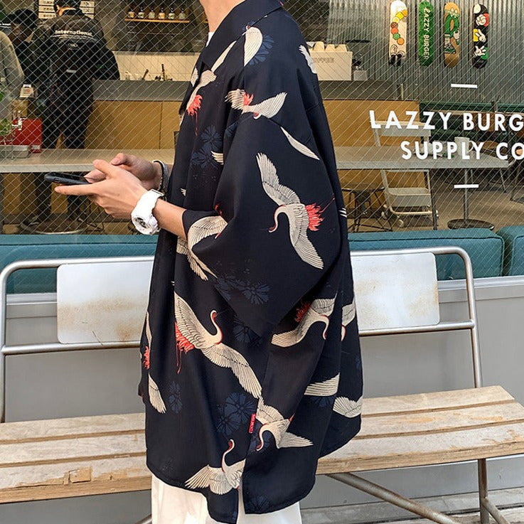 Men's Crane Print Shirt & Shorts Short Sleeve Shirt-Kawaii Dream