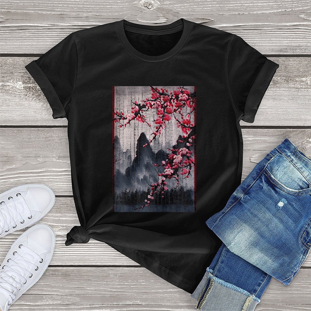 Misty mountains with Blushing Cherry Blossom Tee-Kawaii Dream