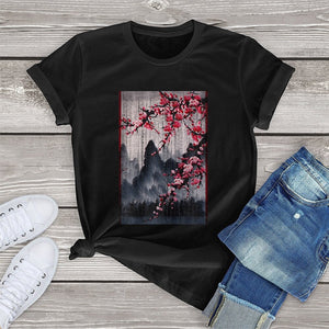 Misty mountains with Blushing Cherry Blossom Tee-Kawaii Dream