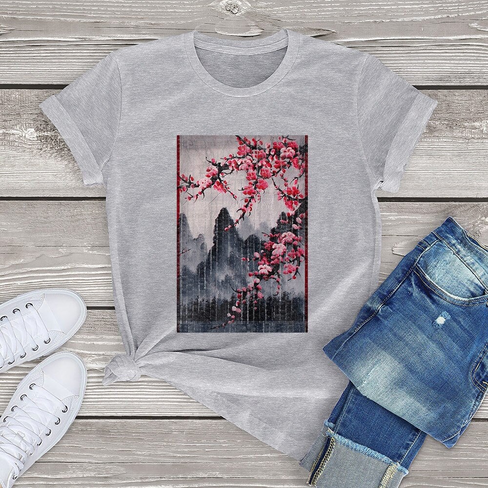 Misty mountains with Blushing Cherry Blossom Tee-Kawaii Dream