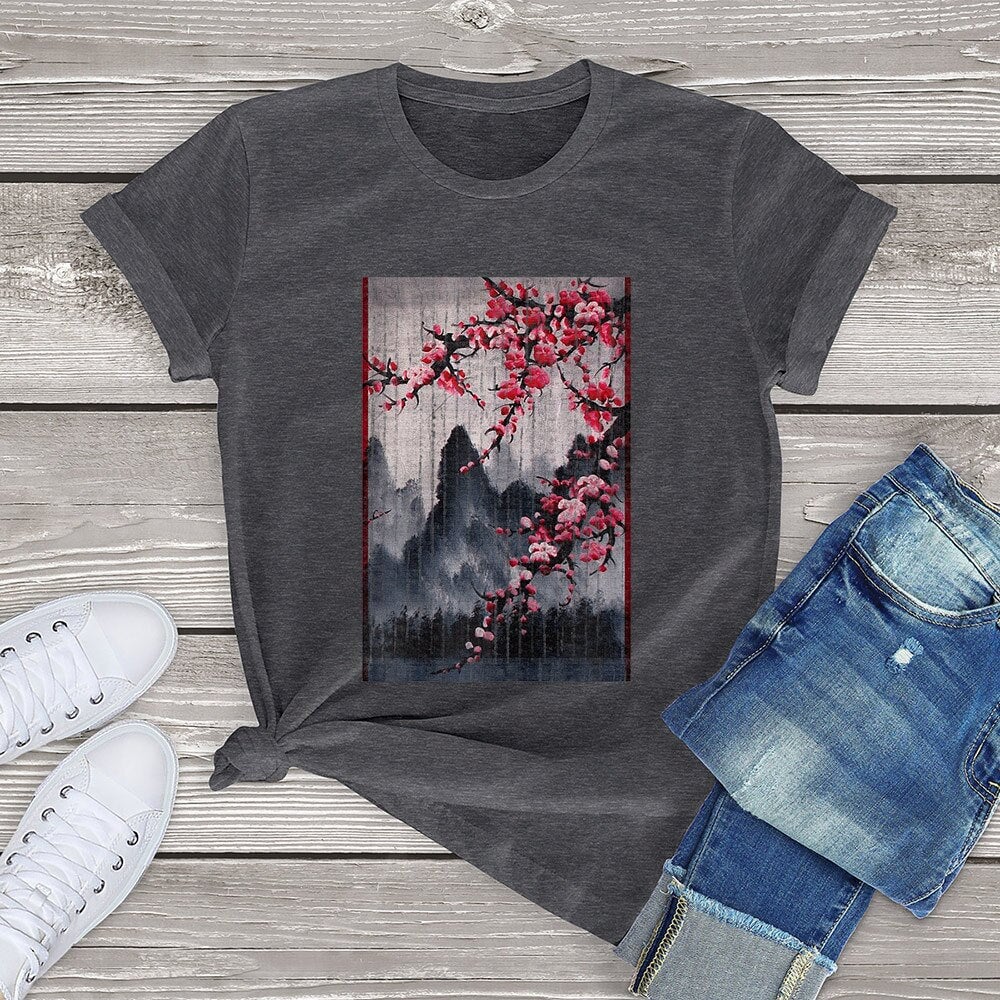 Misty mountains with Blushing Cherry Blossom Tee-Kawaii Dream
