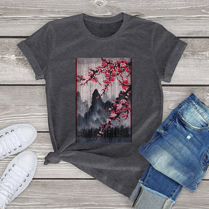 Misty mountains with Blushing Cherry Blossom Tee-Kawaii Dream