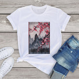 Misty mountains with Blushing Cherry Blossom Tee-Kawaii Dream
