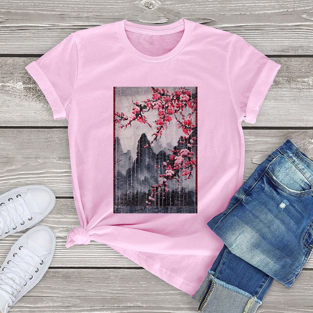 Misty mountains with Blushing Cherry Blossom Tee-Kawaii Dream