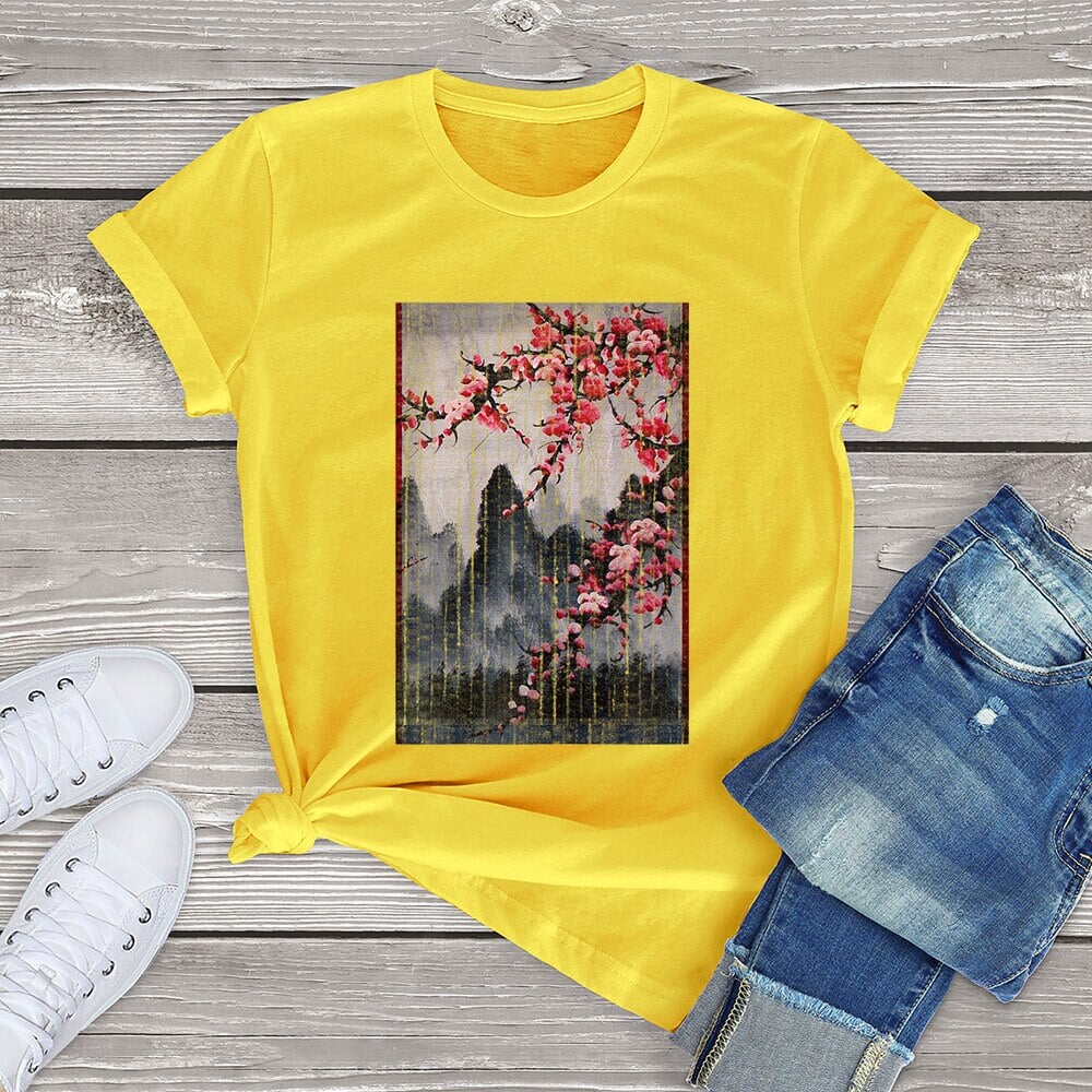 Misty mountains with Blushing Cherry Blossom Tee-Kawaii Dream