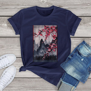 Misty mountains with Blushing Cherry Blossom Tee-Kawaii Dream