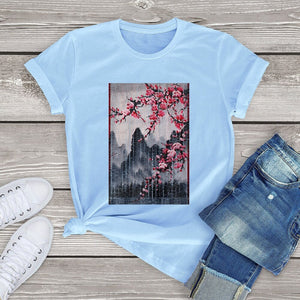 Misty mountains with Blushing Cherry Blossom Tee-Kawaii Dream
