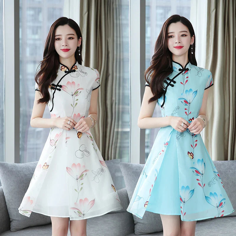 Modern Lotus Chiffon Qipao Cheongsam Dress-Kawaii Dream