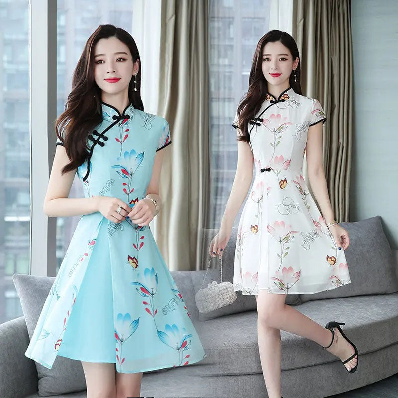 Modern Lotus Chiffon Qipao Cheongsam Dress-Kawaii Dream
