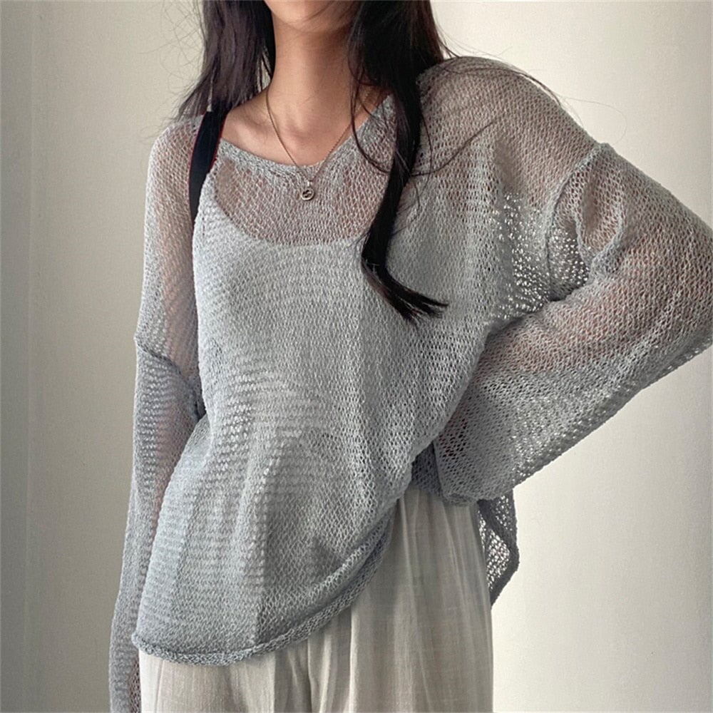 Netted Full Sleeve Loose Women's Jumper-Kawaii Dream