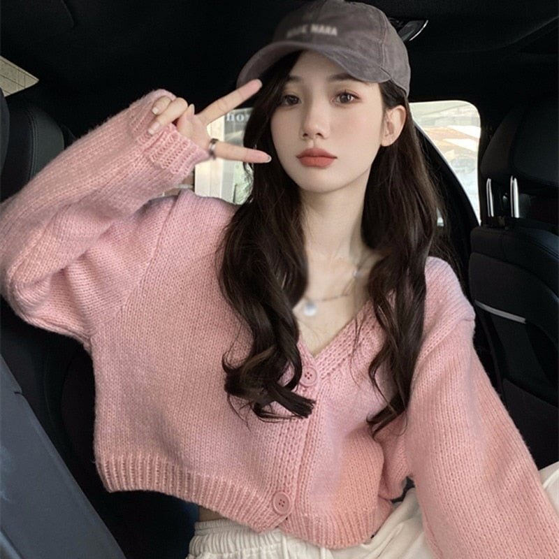 Petite Women's Cropped Balloon Sleeve Knit Cardigan-Kawaii Dream