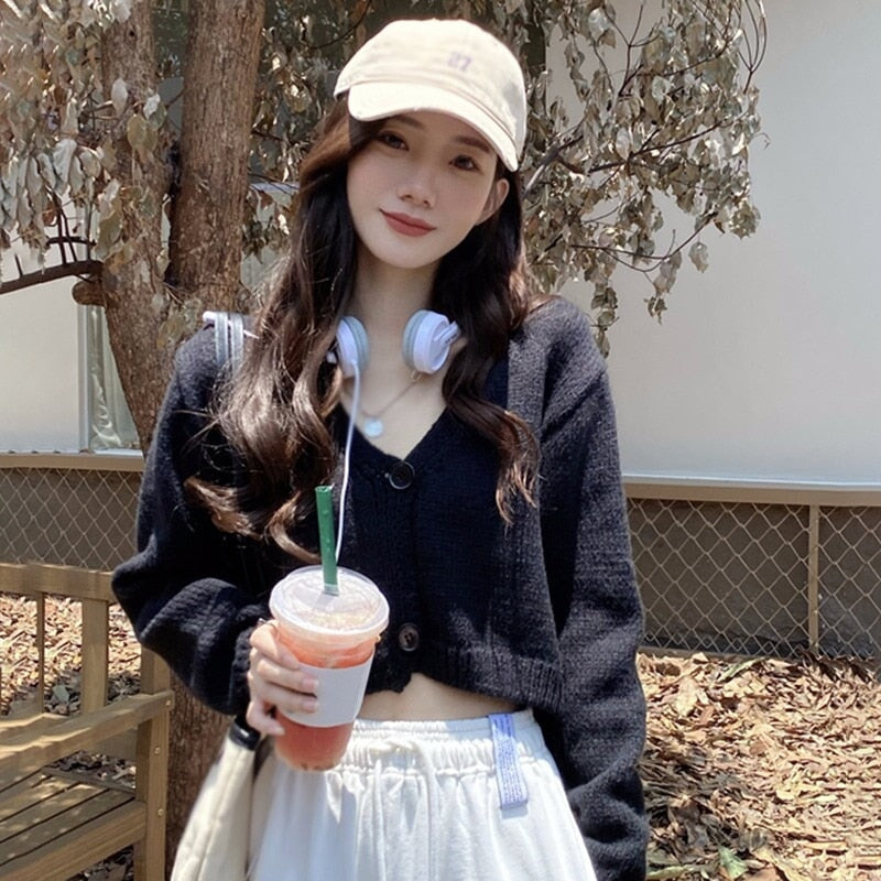 Petite Women's Cropped Balloon Sleeve Knit Cardigan-Kawaii Dream