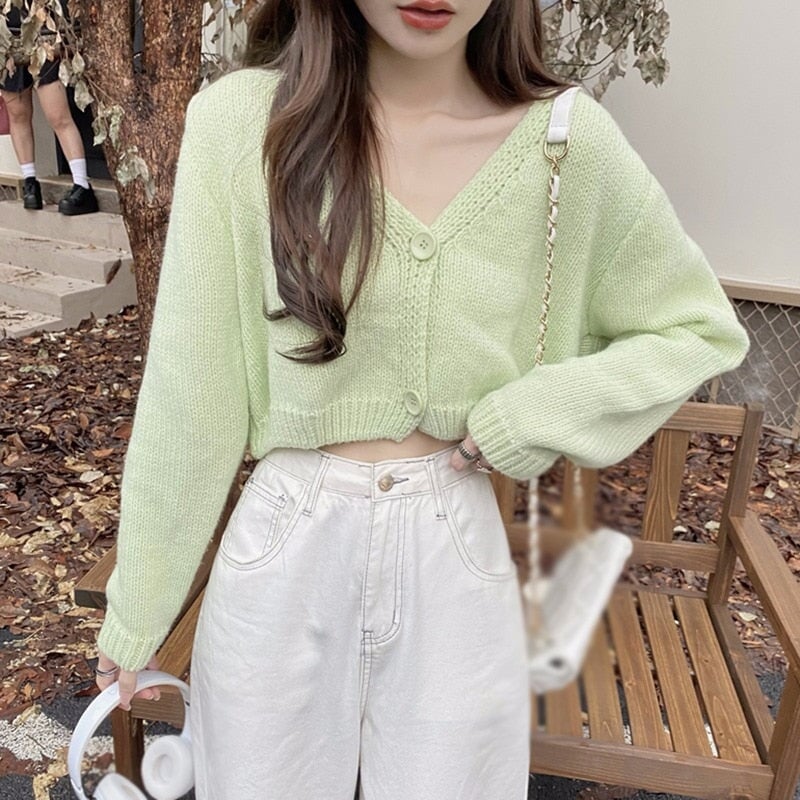 Petite Women's Cropped Balloon Sleeve Knit Cardigan-Kawaii Dream