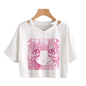 Pink Anime Girl Graphic V-neck Crop Top-Kawaii Dream