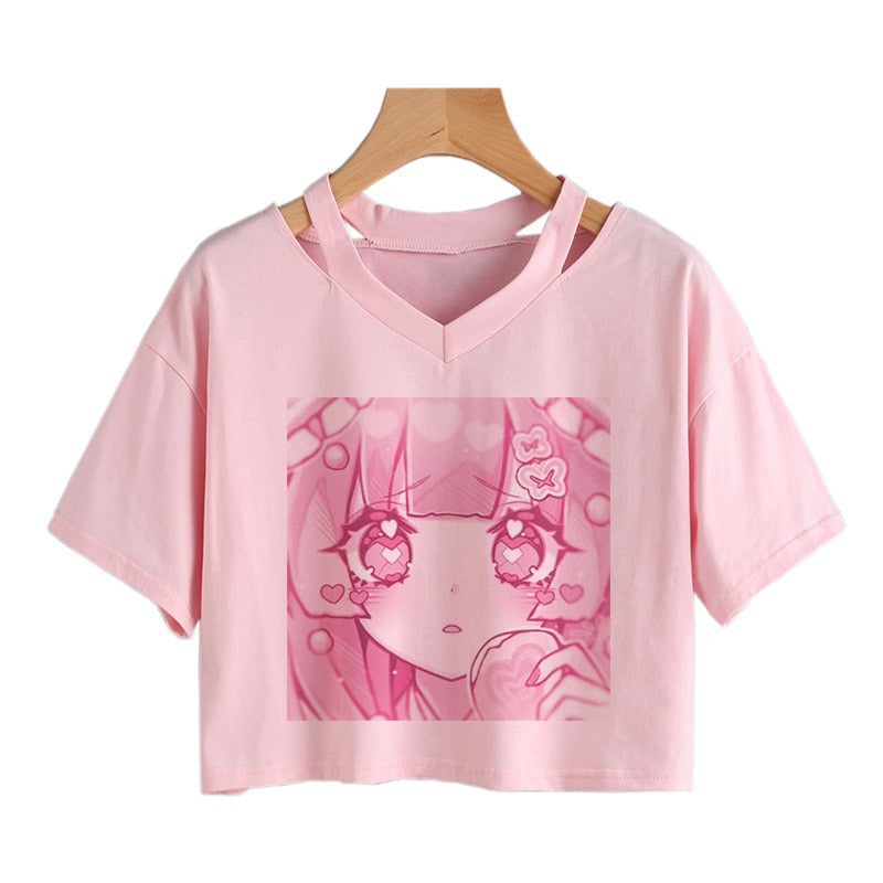 Pink Anime Girl Graphic V-neck Crop Top-Kawaii Dream