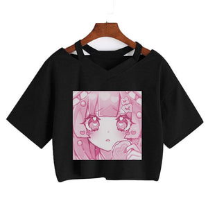 Pink Anime Girl Graphic V-neck Crop Top-Kawaii Dream