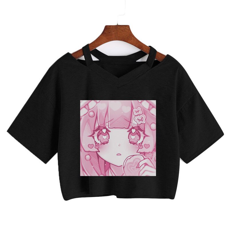 Pink Anime Girl Graphic V-neck Crop Top-Kawaii Dream