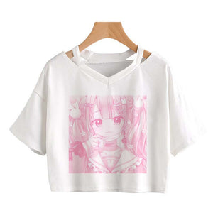 Pink Anime Girl Print V-neck Crop Top Tee-Kawaii Dream