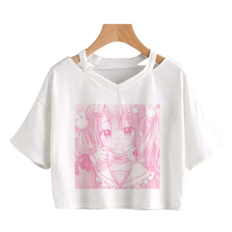 Pink Anime Girl Print V-neck Crop Top Tee-Kawaii Dream