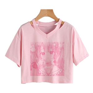 Pink Anime Girl Print V-neck Crop Top Tee-Kawaii Dream