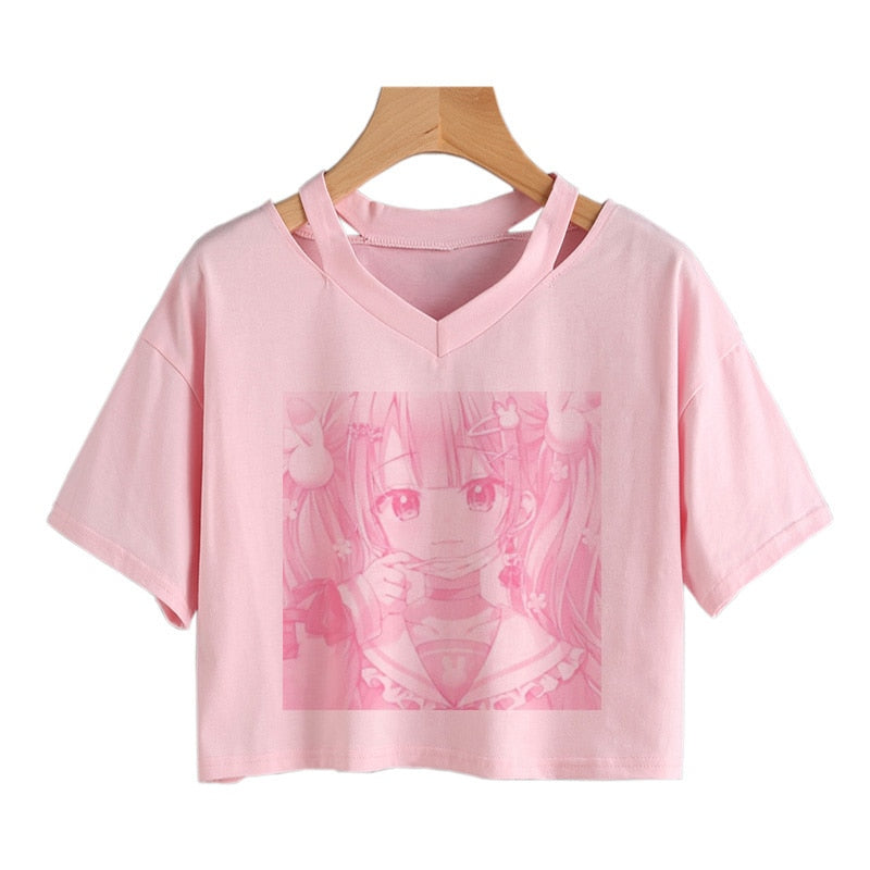 Pink Anime Girl Print V-neck Crop Top Tee-Kawaii Dream