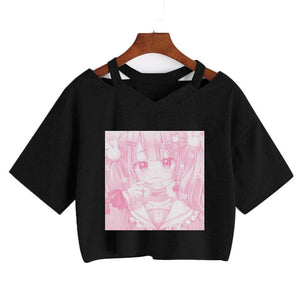 Pink Anime Girl Print V-neck Crop Top Tee-Kawaii Dream