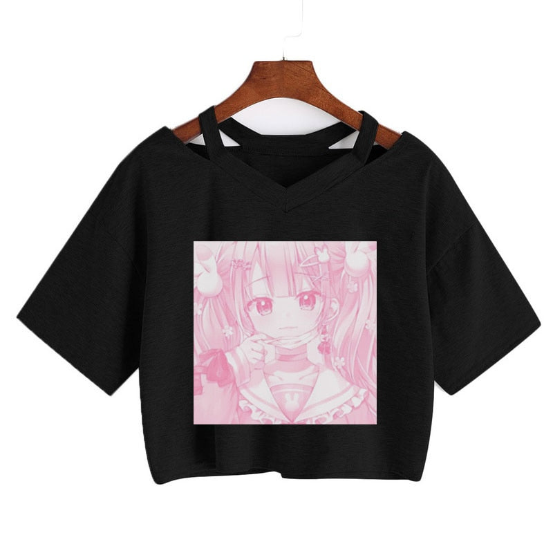 Pink Anime Girl Print V-neck Crop Top Tee-Kawaii Dream