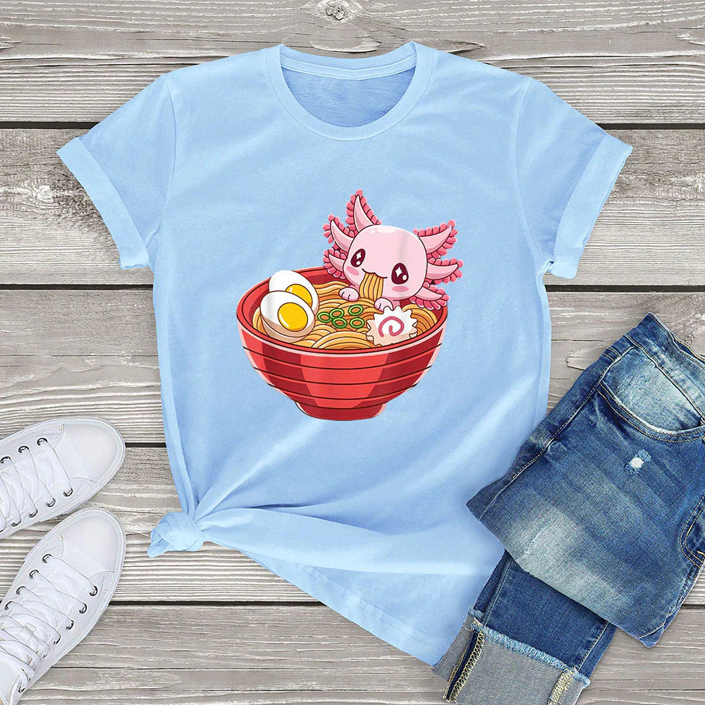 Pink Axolotl Bathing in Ramen Tee-Kawaii Dream