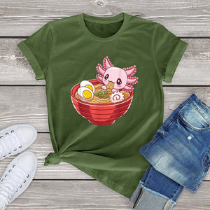 Pink Axolotl Bathing in Ramen Tee-Kawaii Dream