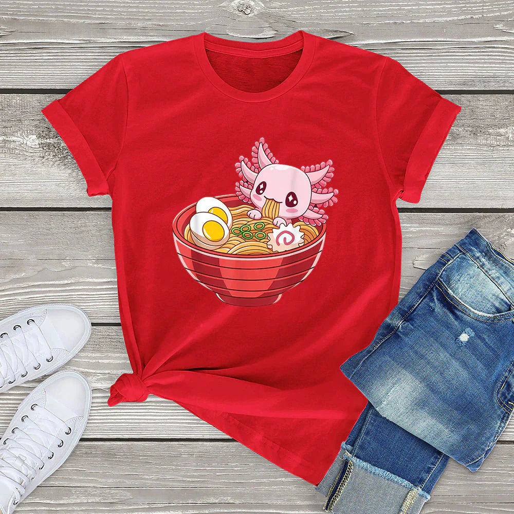 Pink Axolotl Bathing in Ramen Tee-Kawaii Dream