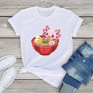 Pink Axolotl Bathing in Ramen Tee-Kawaii Dream
