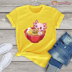 Pink Axolotl Bathing in Ramen Tee-Kawaii Dream
