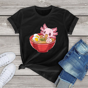Pink Axolotl Bathing in Ramen Tee-Kawaii Dream