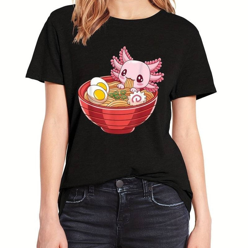 Pink Axolotl Bathing in Ramen Tee-Kawaii Dream