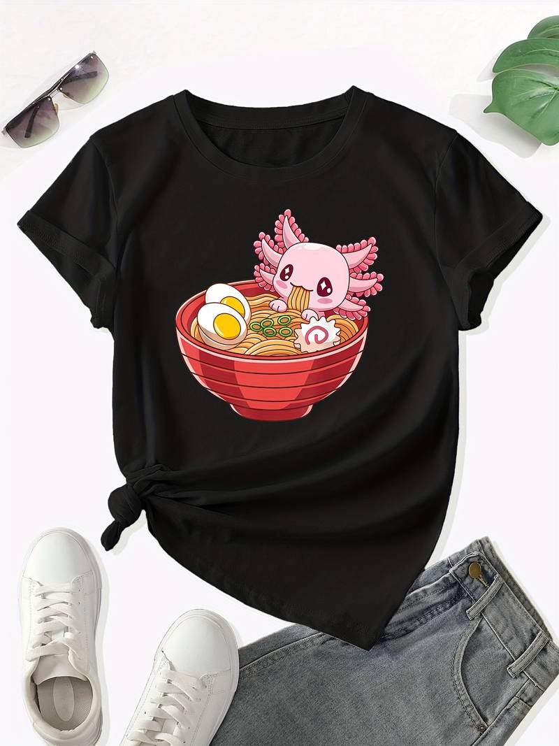 Pink Axolotl Bathing in Ramen Tee-Kawaii Dream